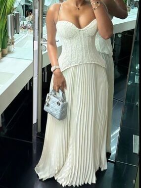 Fashion Nova Viral Ivory White Lace with Pleated Skirt Dress TALL girl friendly